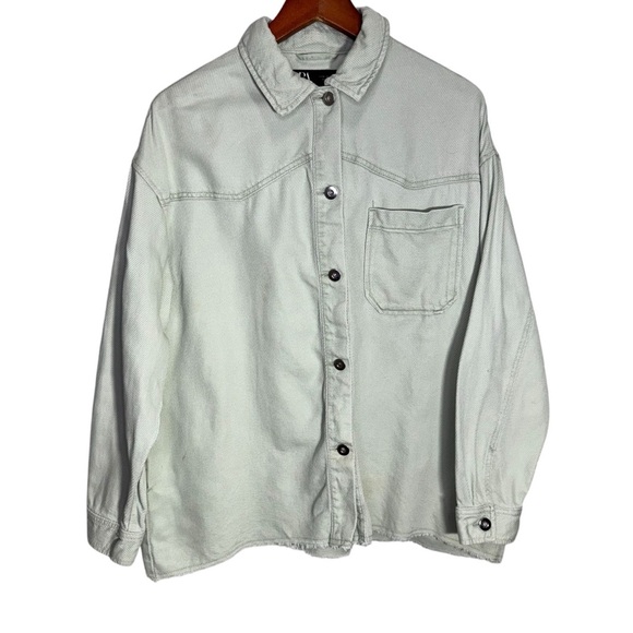 Zara Light Green Denim Oversized Lightweight Shacket Size Medium 100% Cotton - Picture 1 of 15